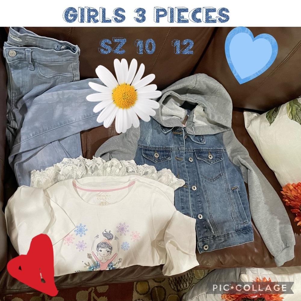 GIRLS LOT OF 3~SZ:10-12 Outfits incl Top, Ballerina Jeans, & Distressed Hoodie